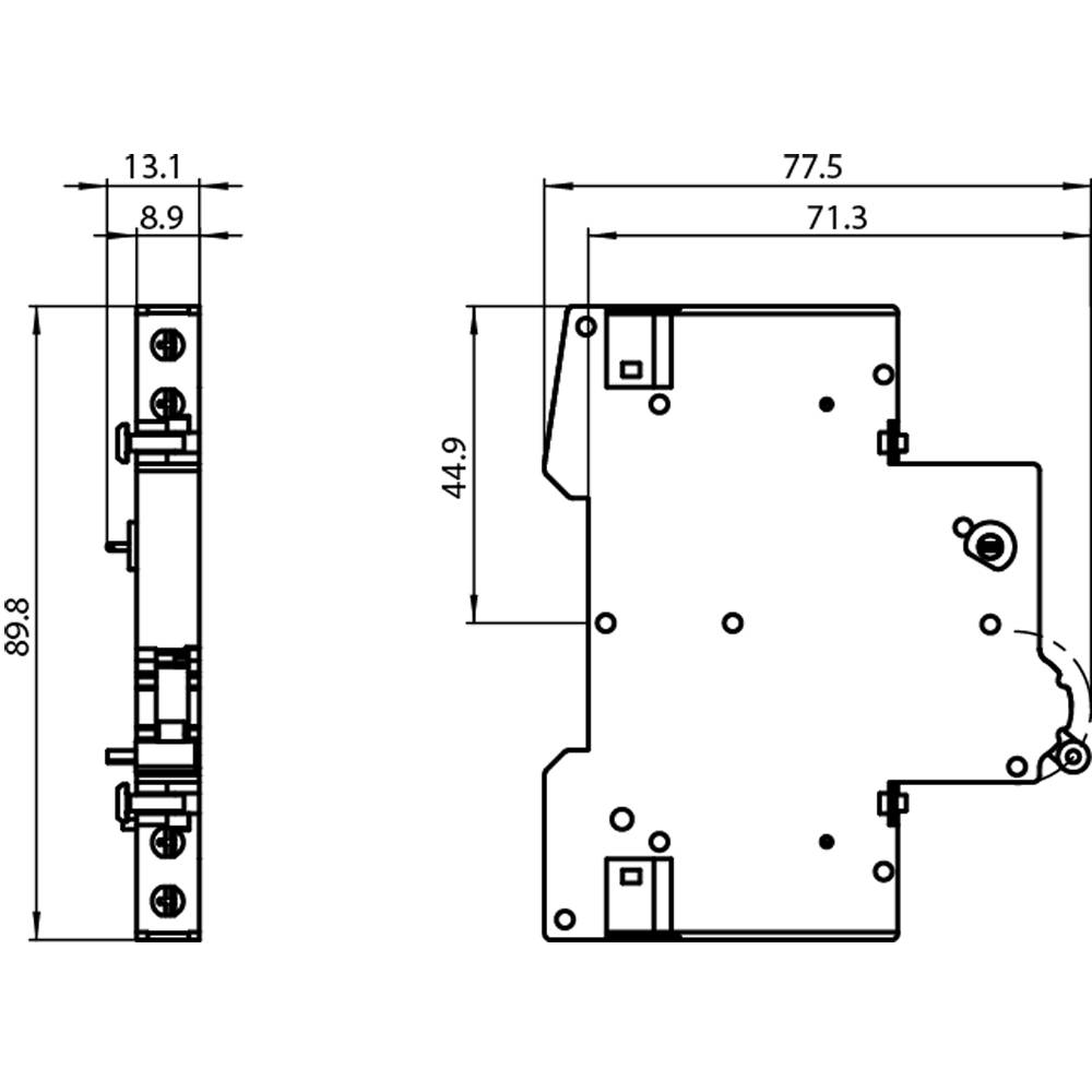 Dessin technique d'un appareil électrique avec dimensions : hauteur 89,8 mm, largeur 13,1 mm et longueur 77,5 mm. Vue latérale et vue de face.