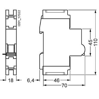 Dessin technique d'un composant électrique avec les dimensions : 18 mm, 46 mm, largeur de 6,4 mm et hauteurs de 70 mm et 110 mm.