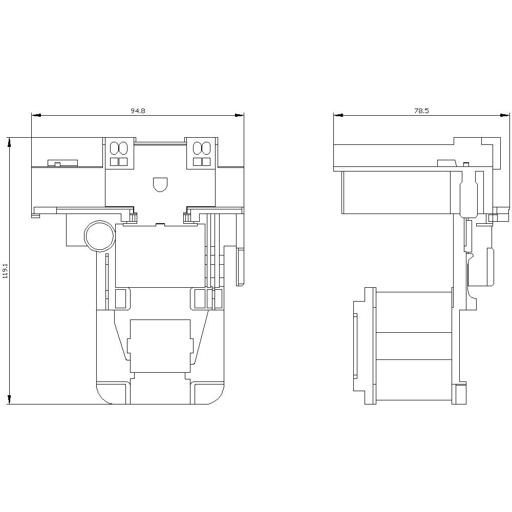 Deux dessins techniques d'un composant avec des dimensions détaillées : à gauche vue de face (largeur 94,8 mm), à droite vue de côté (largeur 78,5 mm).