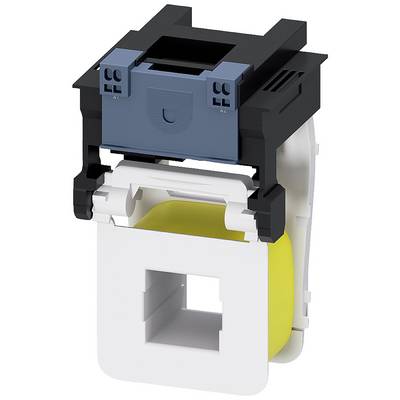 Un composant électromécanique en noir, bleu, blanc et jaune, monté dans un boîtier, probablement un relais.