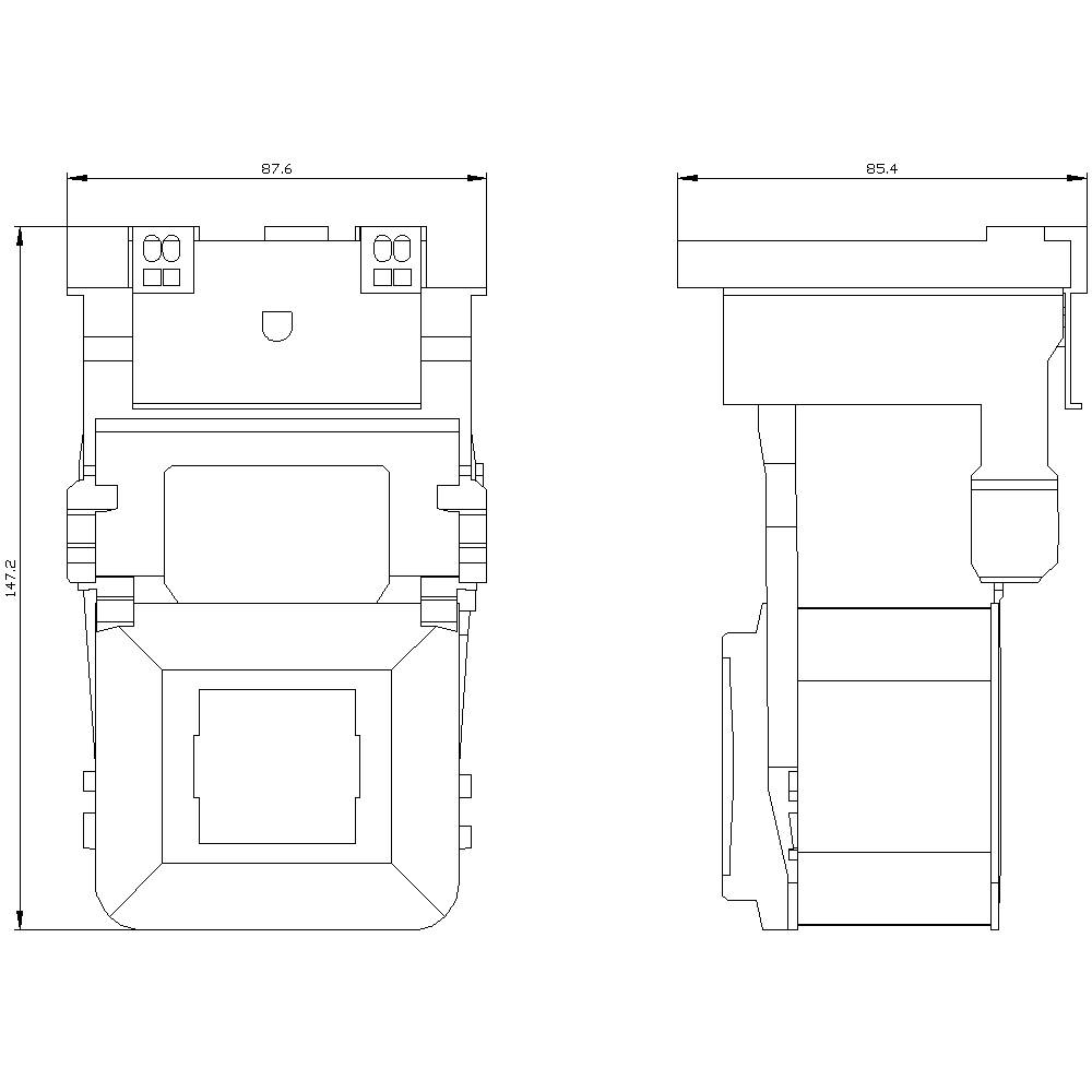 Dessin technique d'un composant électrique, vue de face et vue latérale. Dimensions : 87,6 x 95,4 x 162,2 mm.