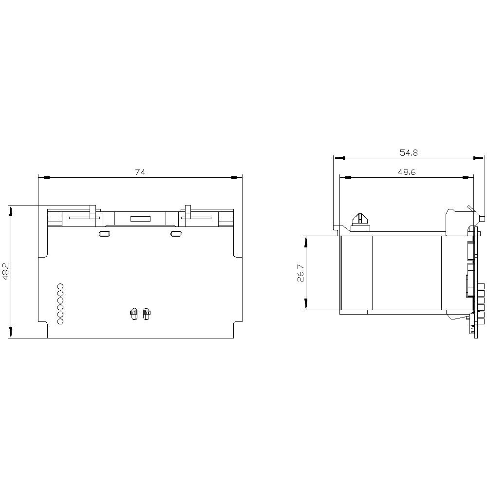 Dessin technique d'un boîtier rectangulaire avec les dimensions suivantes : hauteur 48,2 mm, largeur 74 mm, profondeur 54,8 mm ; vue latérale 26,7 mm.