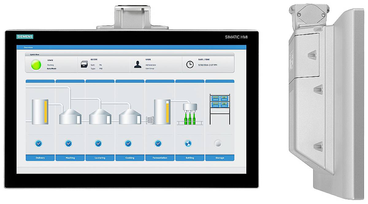 Écran d'un dispositif Siemens SIMATIC HMI avec interface utilisateur pour le contrôle de processus, montrant des symboles représentant différentes phases de production.