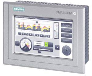 L'écran HMI SIMATIC de Siemens affiche un graphique à barres coloré, un menu de paramètres et un affichage avec un bouton rotatif et une horloge.