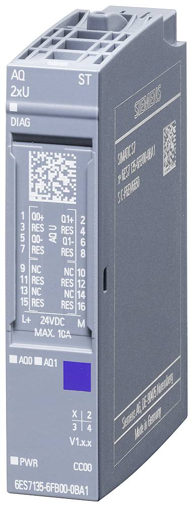 Un module de sortie numérique Siemens, numéro de modèle : 6ES7 135-6FB00-0BA1, destiné à être utilisé dans des systèmes d'automatisation. Les connexions et la plaque signalétique sont visibles.