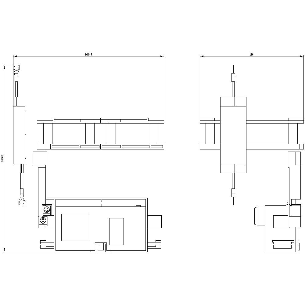 Dessin technique d'un système mécanique avec vue latérale et vue de face, montrant les dimensions et les connexions mécaniques.
