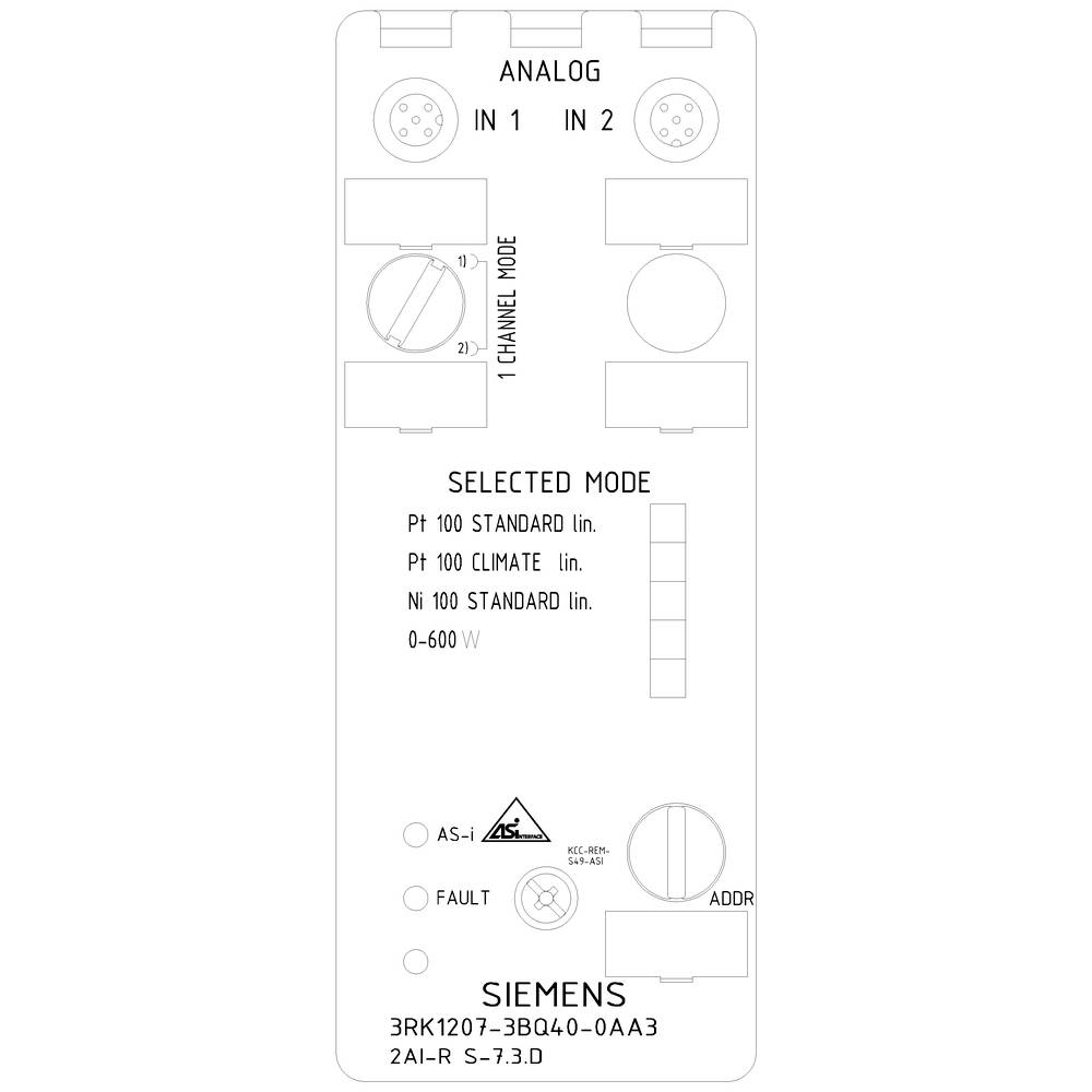 'Module analogique Siemens, panneau de commande 7 positions, modes : Pt 100 Standard, Pt 100 Climate, Pt 1000 Standard, 0-600 V, connexions et indicateurs d'erreurs.'