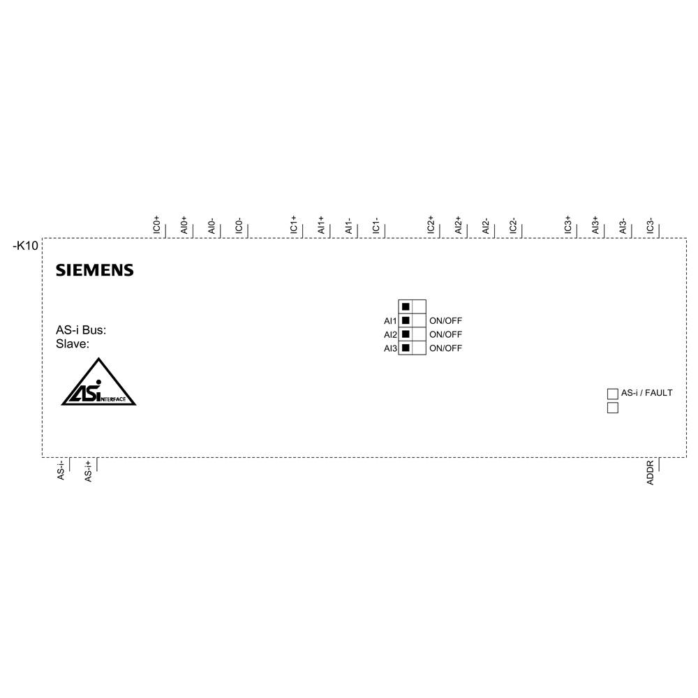 L'image montre une carte de bus Siemens AS-i avec plusieurs bornes de connexion, des étiquettes pour les bornes et trois interrupteurs pour l'indication ON/OFF, ainsi qu'une LED AS-i/FAULT.