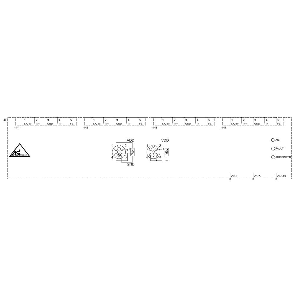 Diagramme d'un connecteur avec répartition des broches. Contient des symboles pour 'VDD', 'GND' et une échelle en haut pour le mesurage.