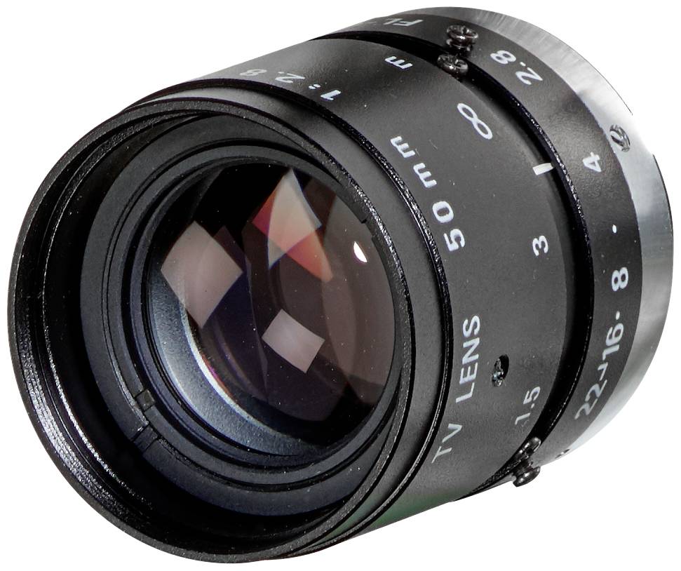 Objectif de caméra noir de 50 mm de focale, avec des ouvertures allant de f/1,2 à f/16, marqué avec les indications de distance et de diaphragme.