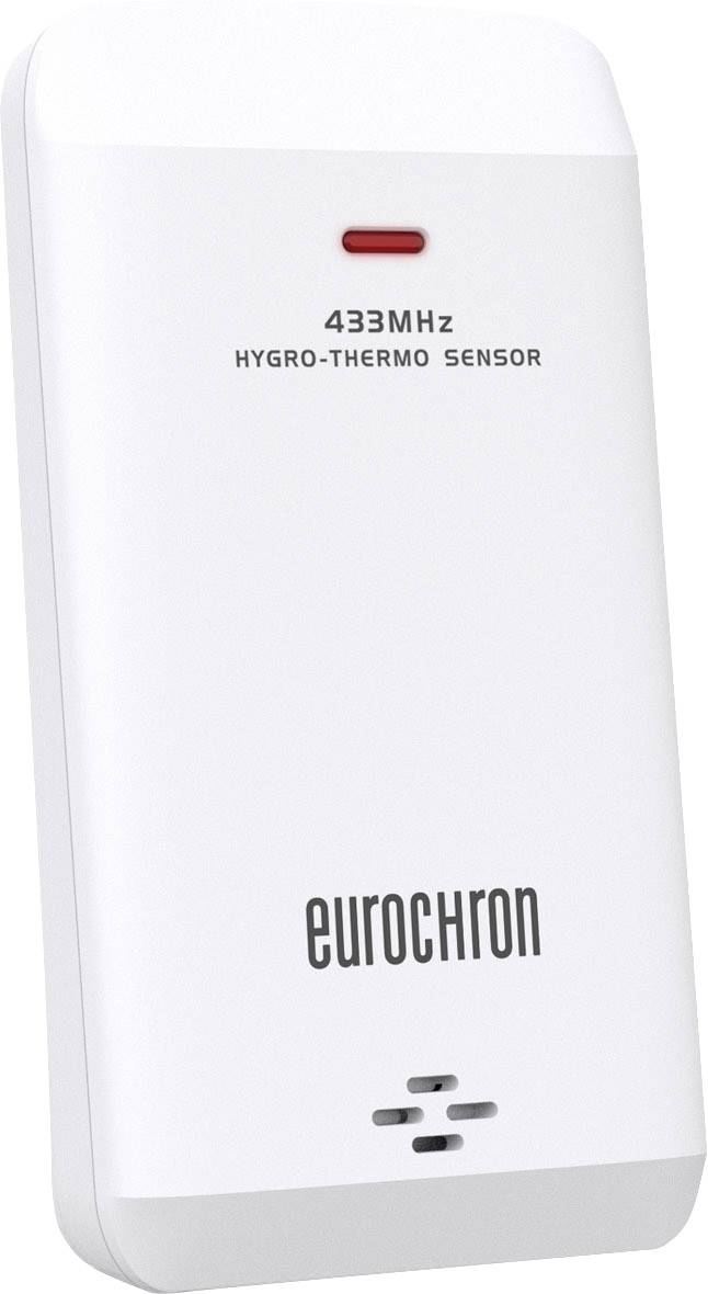 Un capteur hygro-thermique Eurochron blanc avec une fréquence radio de 433 MHz pour mesurer la température et l'humidité de l'air.