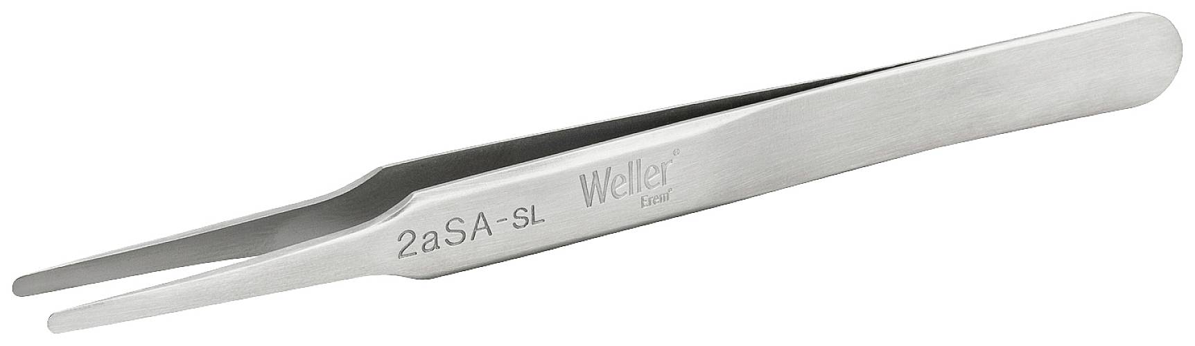 Pince à épiler en métal argenté à extrémités pointues, avec inscription imprimée 'Weller Expert 2a SA-SL'.