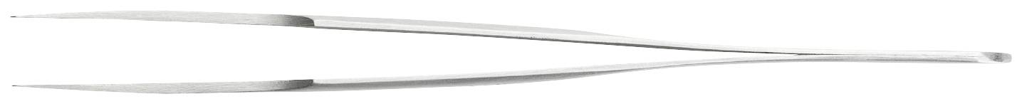 Une pince à épiler en argent avec des extrémités fines et pointues, positionnée horizontalement sur un fond blanc.