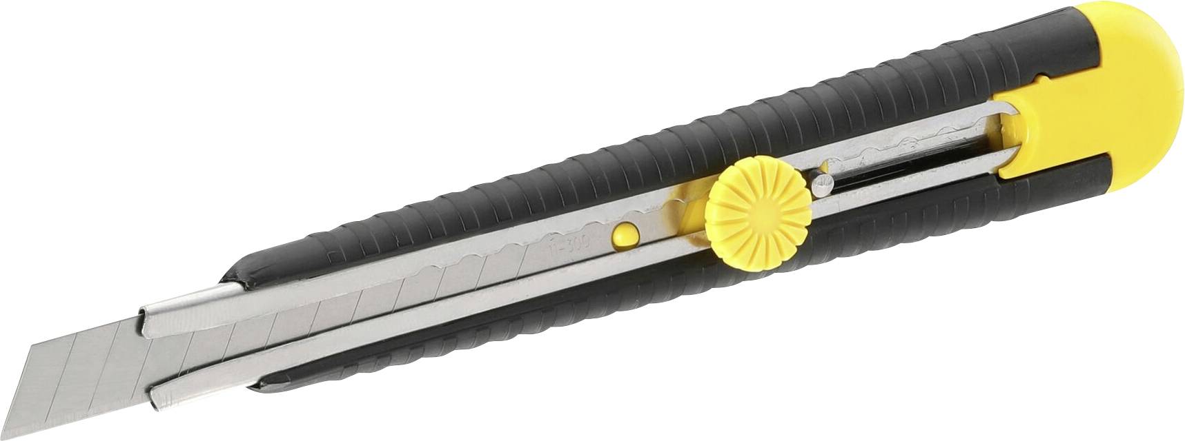 Un couteau universel noir et jaune avec une lame rétractable, adapté pour couper du papier ou du carton.