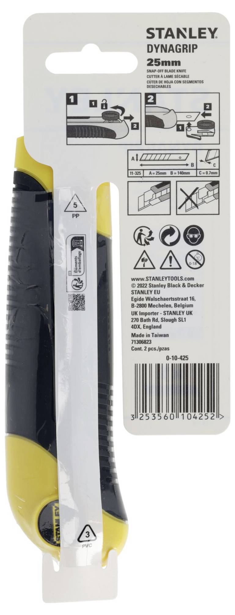 Emballage d'un cutter Stanley avec des consignes de sécurité et d'utilisation au dos, lame de 25 mm.