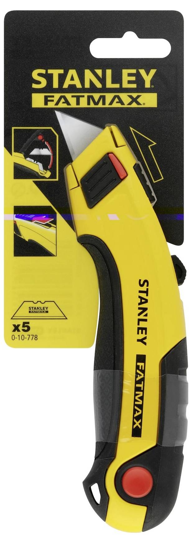 Couteau utilitaire jaune Stanley Fatmax dans son emballage, accompagné de cinq lames de rechange. L'emballage présente une illustration montrant comment changer la lame.