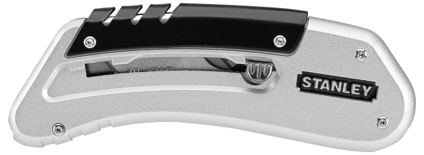 Couteau utilitaire Stanley incurvé en argent avec manche noir et lame visible, adapté aux travaux de coupe artisanaux.