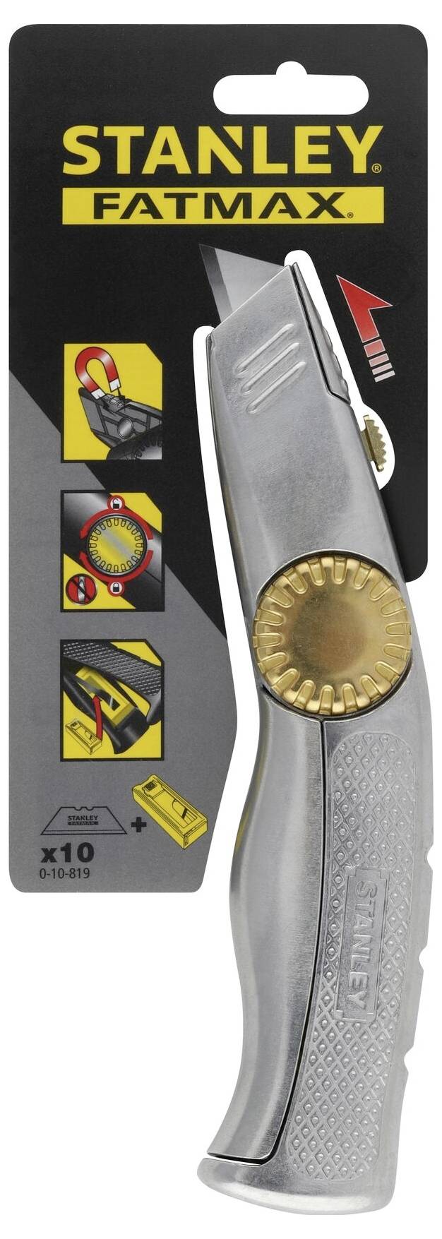 Coupe-métal avec roue de coupe jaune, nom de marque 'Stanley Fatmax' en haut de l'emballage noir. Montre l'utilisation en quatre étapes.