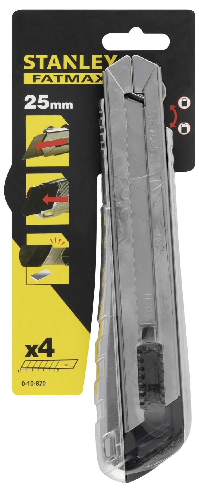 'Cutter Stanley Fatmax 25 mm avec 4 lames. L'emballage montre les réglages de la poignée et de la coupe. Emballage jaune et noir.'