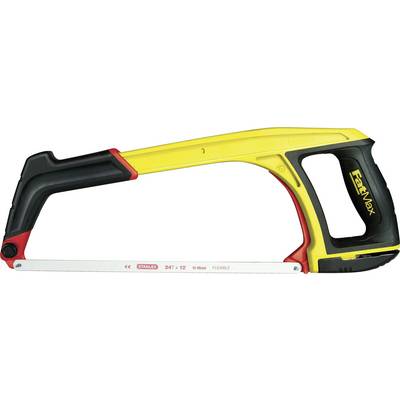 Une scie à archet jaune et noire avec une poignée ergonomique et une lame blanche, adaptée pour couper précisément du métal.