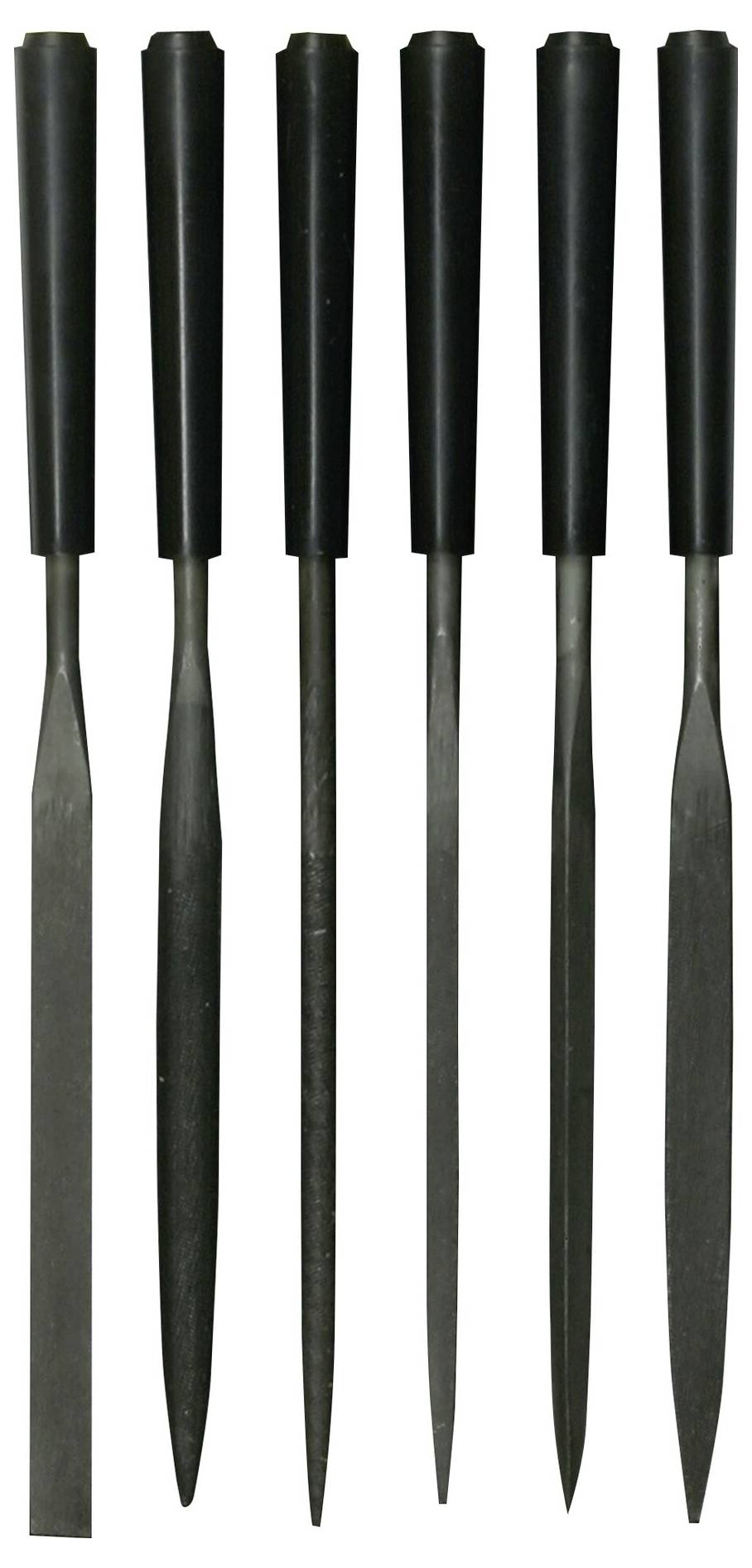 Six limes métalliques différentes avec des manches noirs, alignées verticalement, sur un fond blanc.