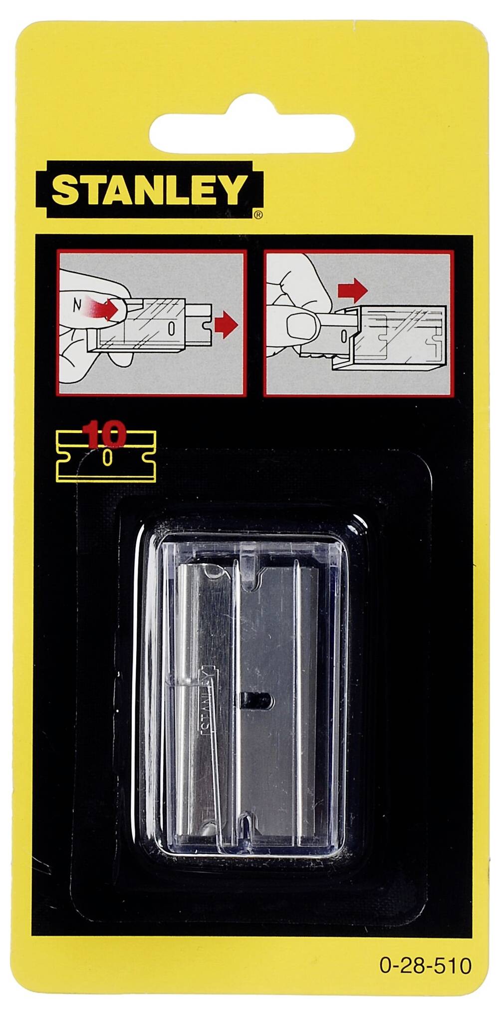 Un emballage jaune contenant des lames de rechange pour un couteau Stanley, montrant deux instructions d'assemblage des lames en images.