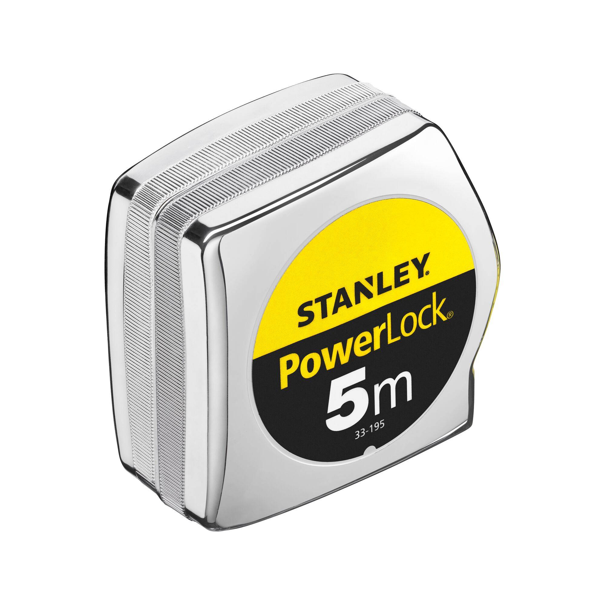Un ruban à mesurer argenté avec une étiquette jaune et noire, portant le texte 'STANLEY PowerLock 5m', mis en évidence au centre.