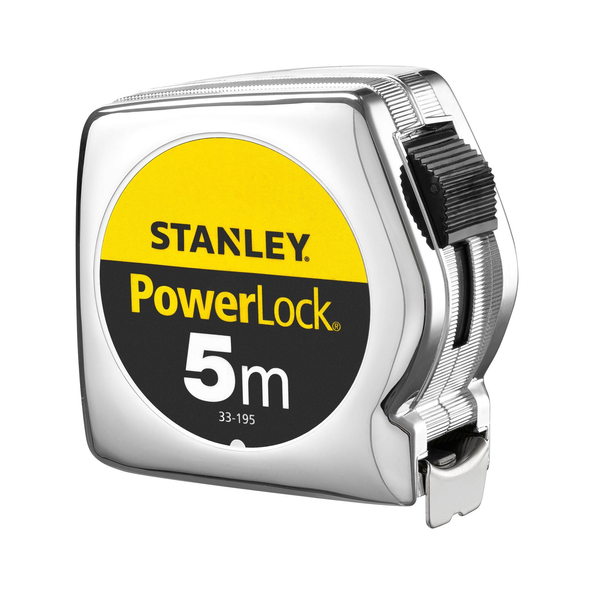 Un ruban à mesurer argenté avec un logo jaune 'STANLEY PowerLock 5m'. Il dispose d'un verrou noir et est adapté pour mesurer jusqu'à 5 mètres.