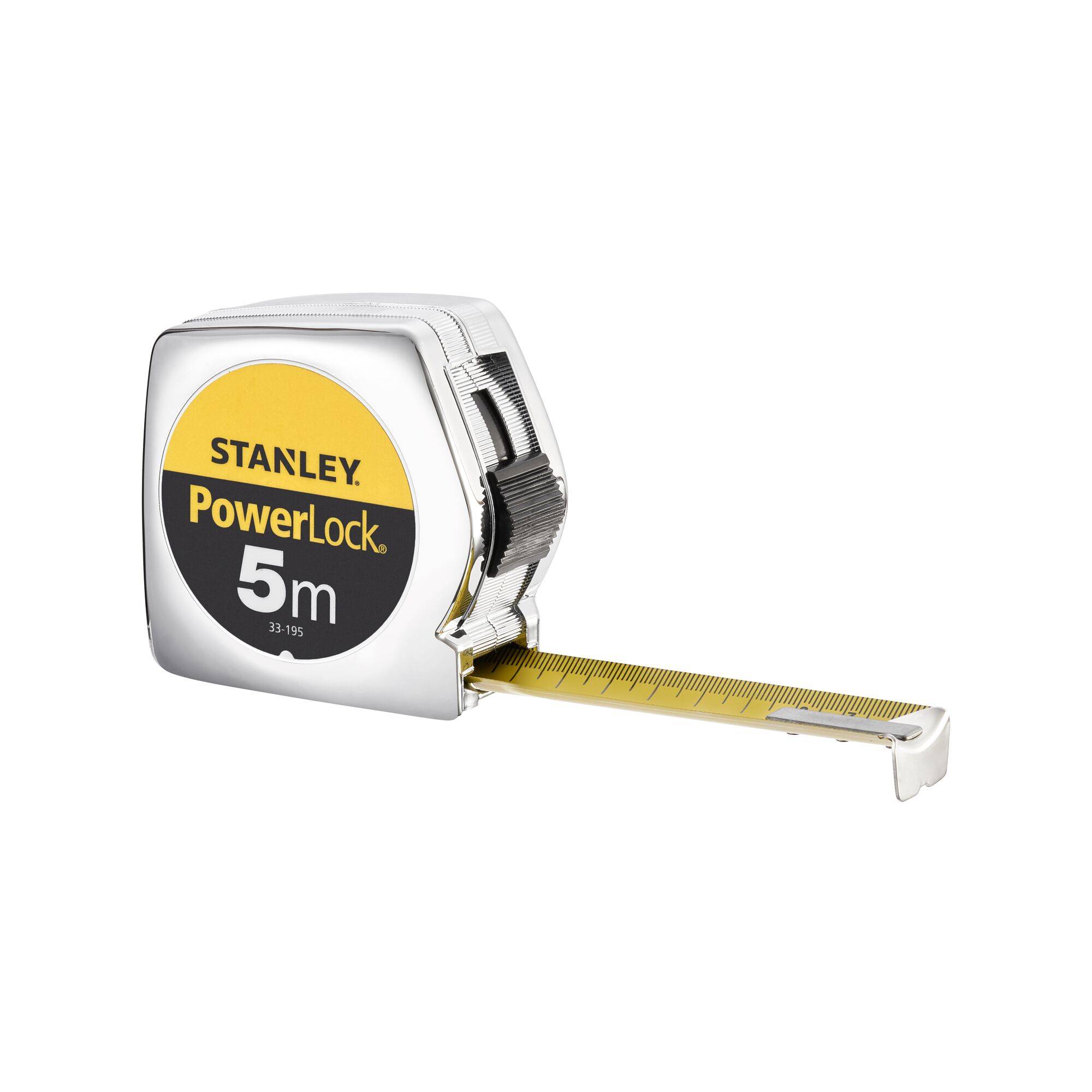 'Mètre ruban Stanley PowerLock 5m, boîtier argenté avec ruban jaune, partiellement déroulé.'