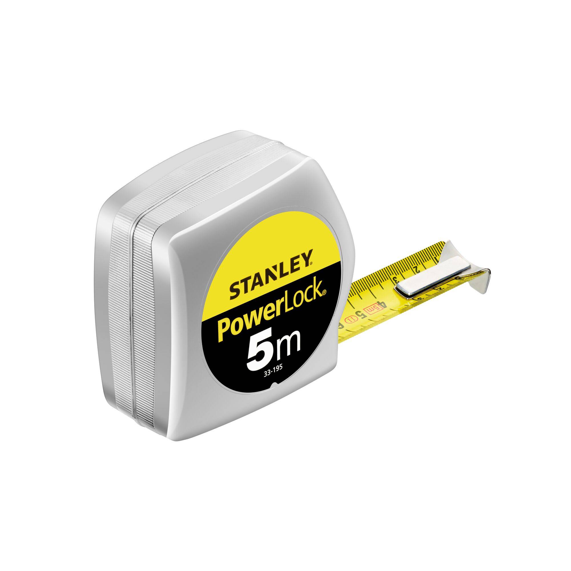 Ruban à mesurer avec règle jaune, boîtier argenté, étiquette noire et jaune portant l'inscription 'Stanley PowerLock 5m'.