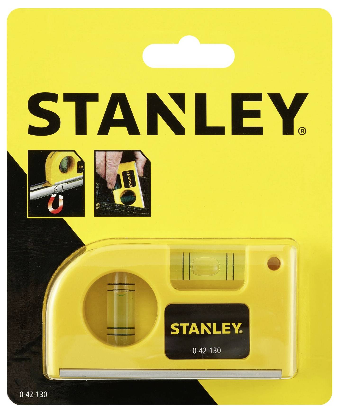 Niveau de poche Stanley en emballage jaune avec logo noir, équipé d'un niveau à bulle, adapté aux tâches de mesure précises.