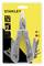 Sur l'image se trouve un multi-outils 'Stanley 12 en 1' dans un emballage jaune. Il comprend divers outils tels qu'une pince et un tournevis.