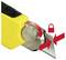 Un cutter jaune avec une lame rétractable et une flèche rouge indique le bouton de réglage de la longueur de la lame. Un symbole de sécurité est placé à côté.