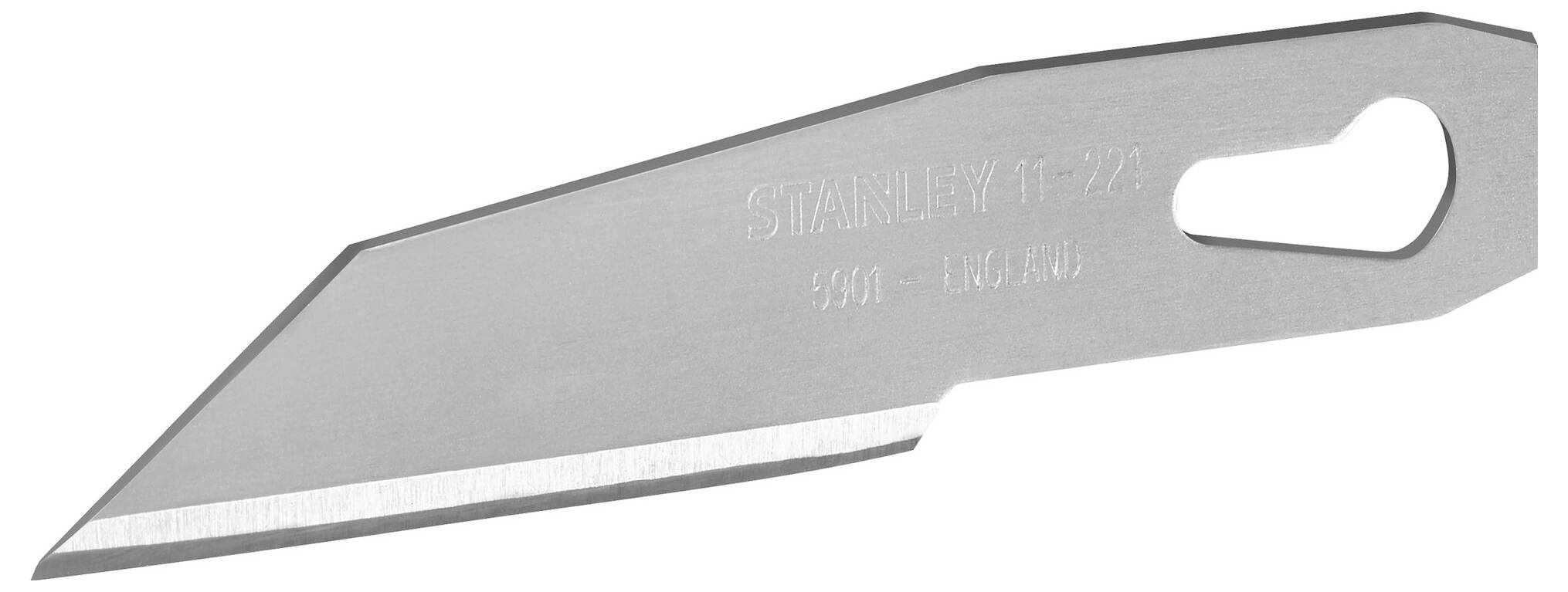 Un couteau à lame remplaçable en argent avec une pointe tranchante et inclinée et un trou de fixation. Adapté pour une coupe précise.