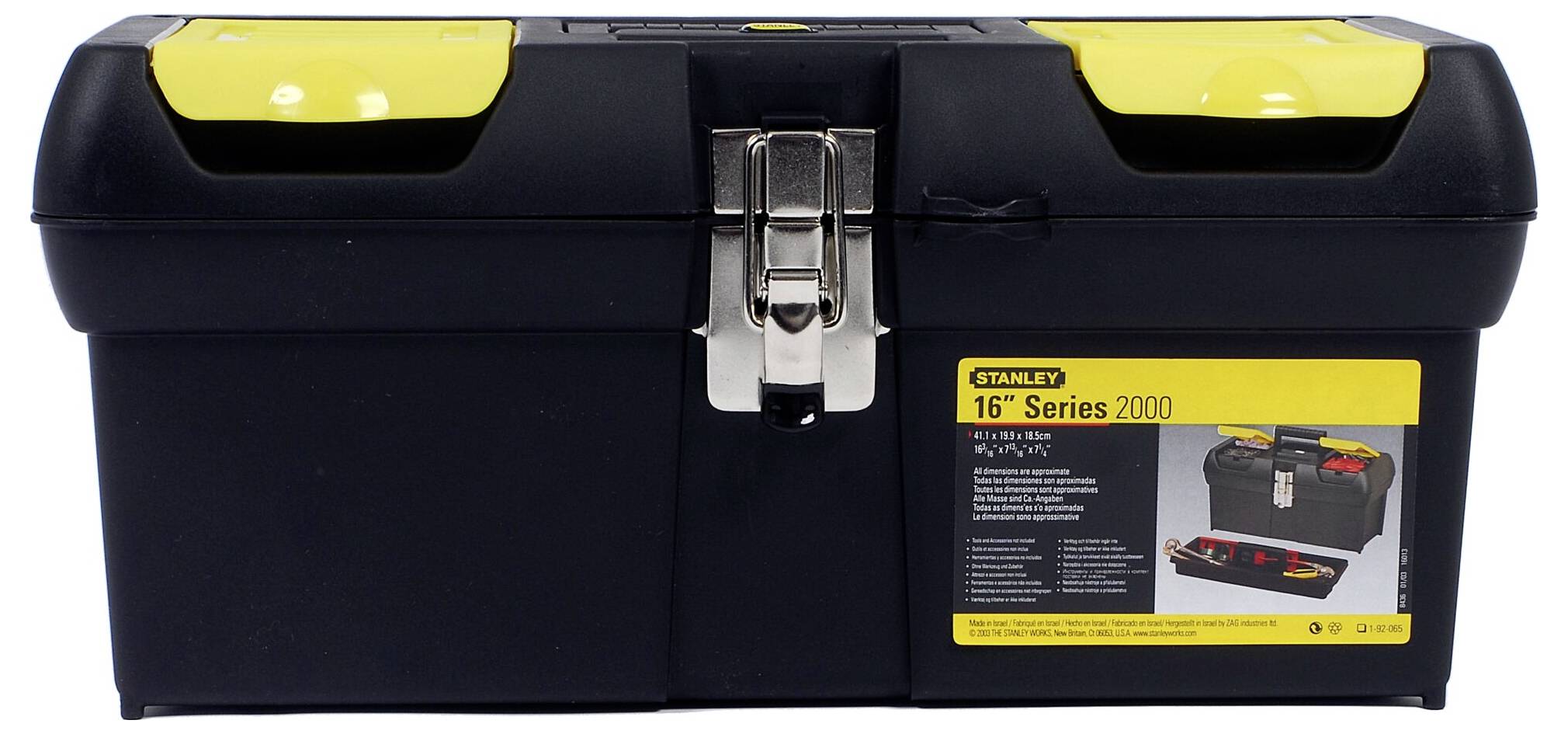Boîte à outils noire avec des fermetures jaunes et un verrou métallique. Inscription '16" Série 2000' sur le devant.