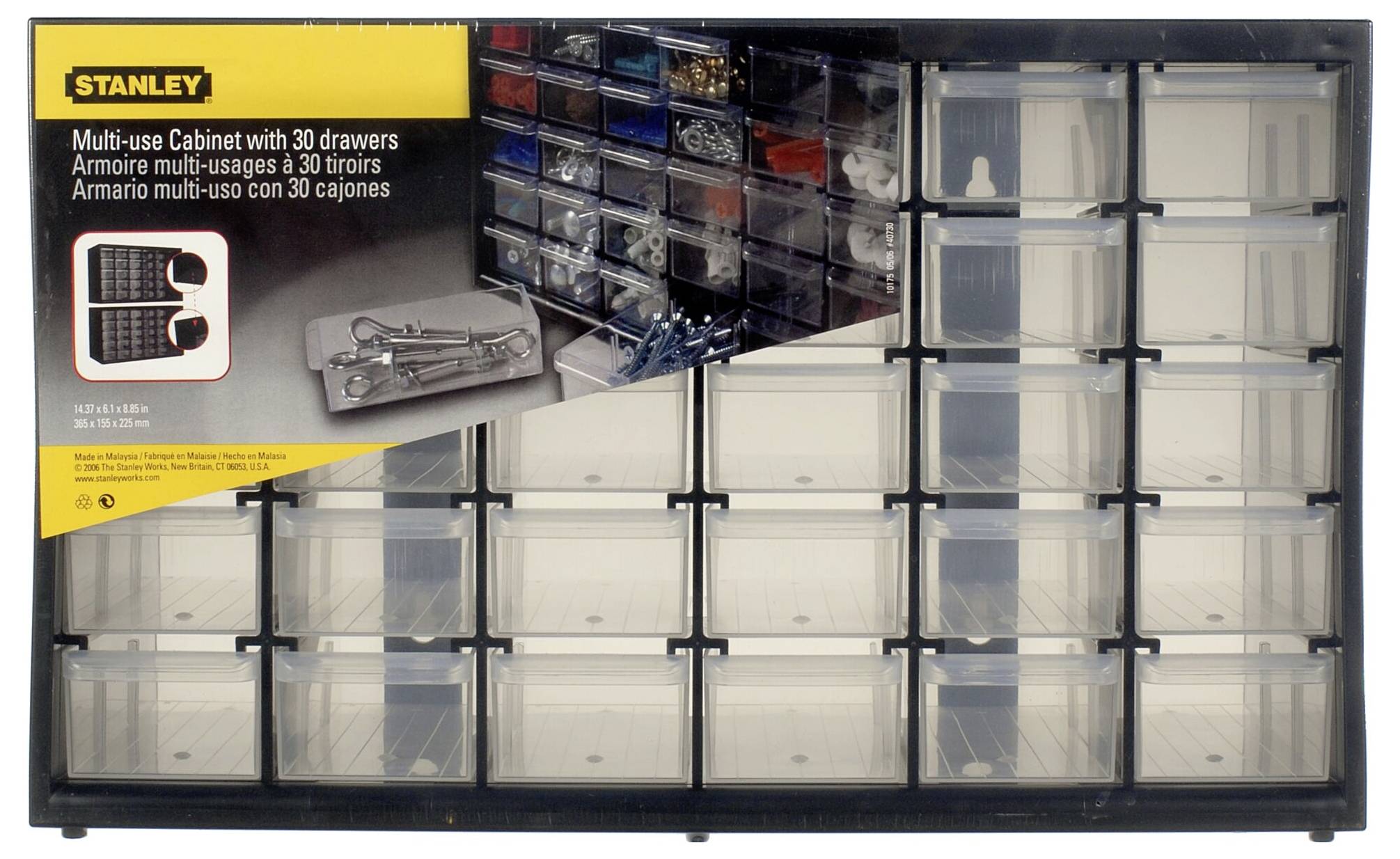 Armoire avec 30 tiroirs, idéale pour le rangement de petites pièces. Dispose d'un design transparent permettant une identification rapide du contenu.