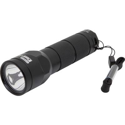 Lampe de poche noire avec poignée texturée et dragonne, posée en vue perspective.