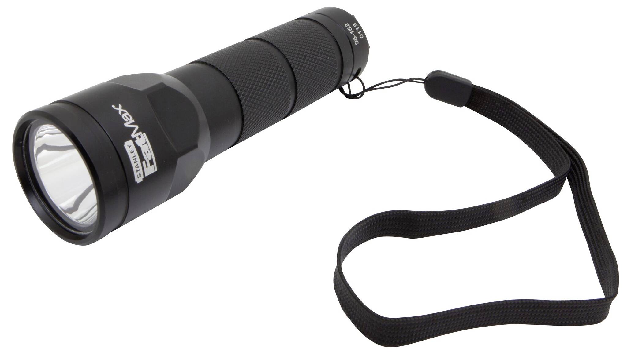 Lampe de poche noire à surface texturée et dragonne, qui semble robuste et compacte.