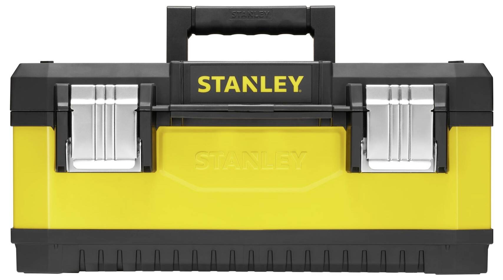 Boîte à outils en plastique, jaune et noir, avec deux fermoirs métalliques et une poignée de transport. Inscription 'STANLEY' visible.