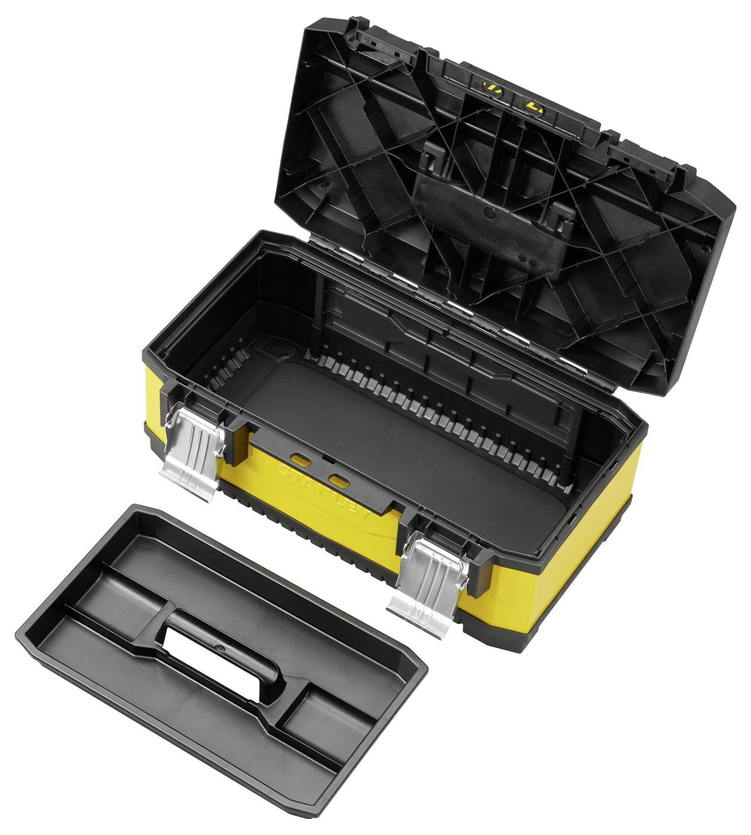 Une boîte à outils jaune et noire ouverte avec une tablette amovible. La boîte à outils est vide et l'intérieur est visible.