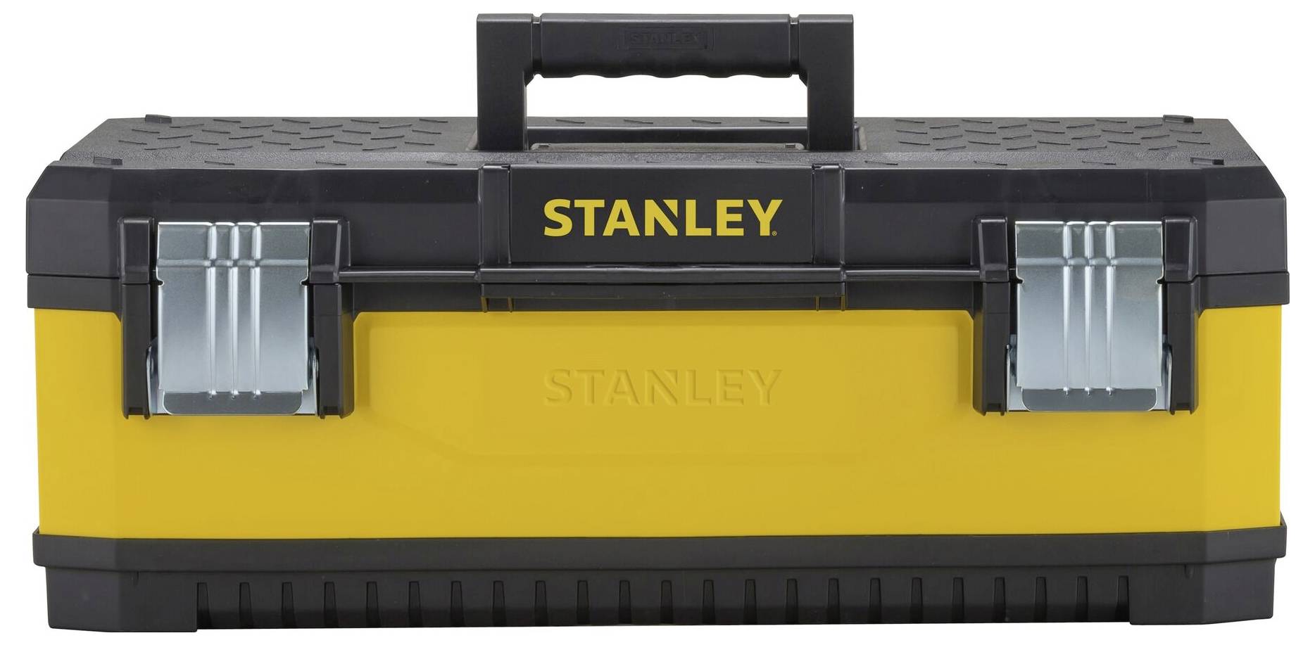 Boîte à outils jaune et noire portant l'inscription 'STANLEY' sur la face avant, équipée de deux serrures métalliques et d'une poignée de transport en haut.