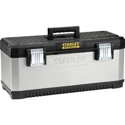 Boîte à outils en métal avec poignées et fermetures en plastique, portant le nom de marque 'Stanley Fatmax'.