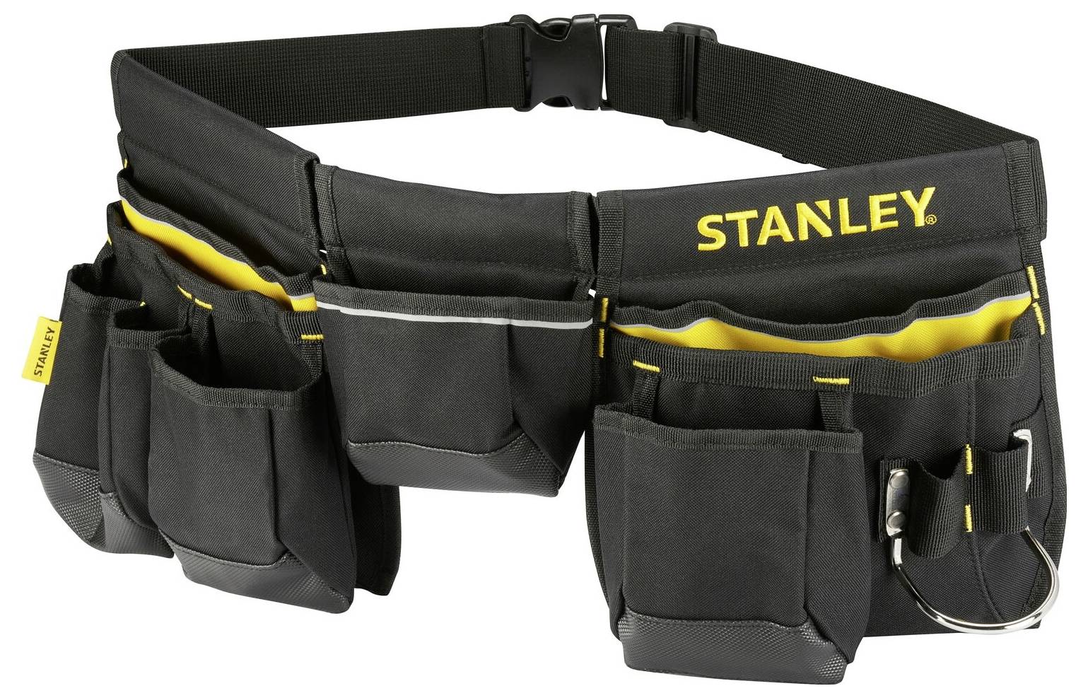 Ceinture à outils noire avec plusieurs poches et logo jaune 'STANLEY', adaptée au rangement des outils et accessoires.