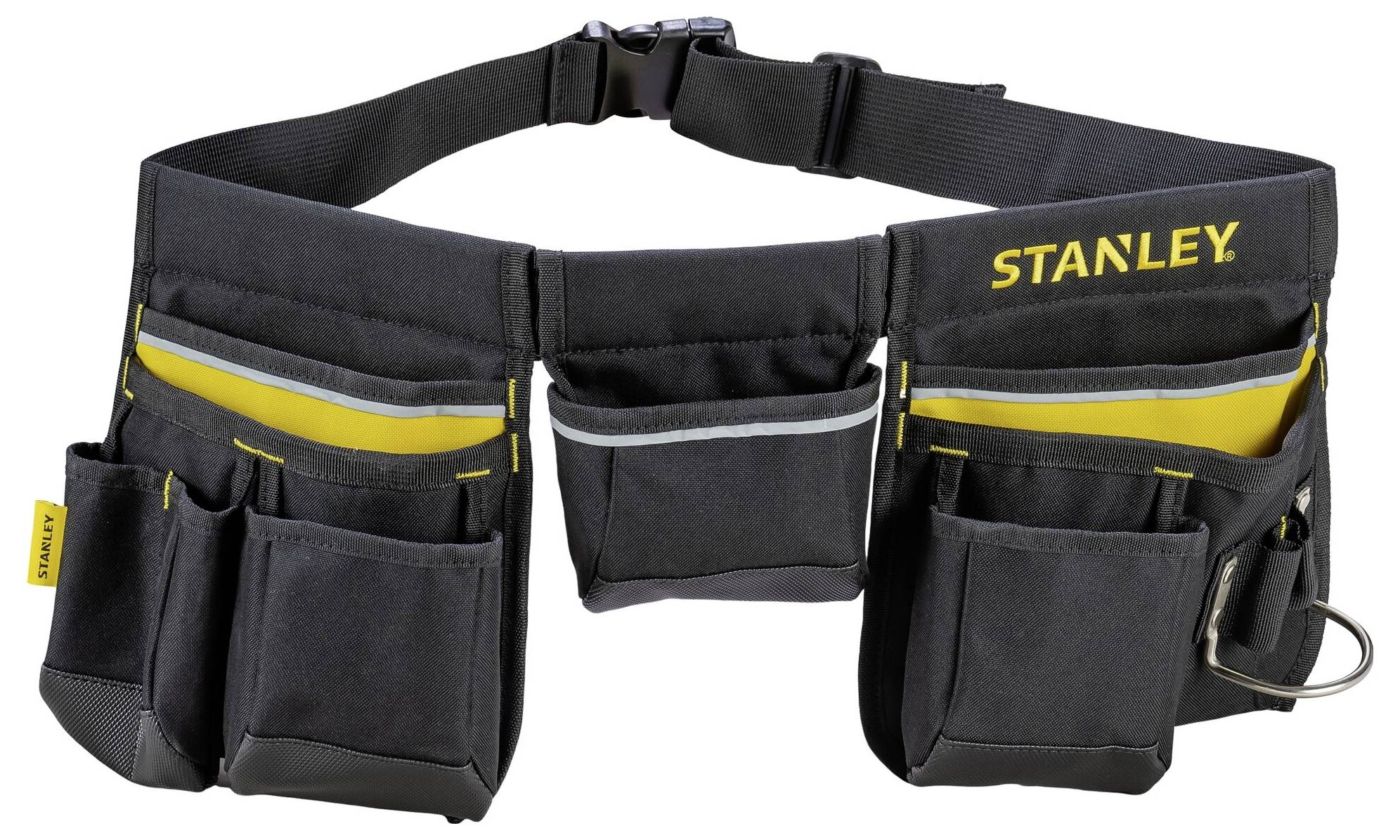 Ceinture à outils Stanley noire avec plusieurs poches et des touches jaunes pour le rangement des outils et accessoires.