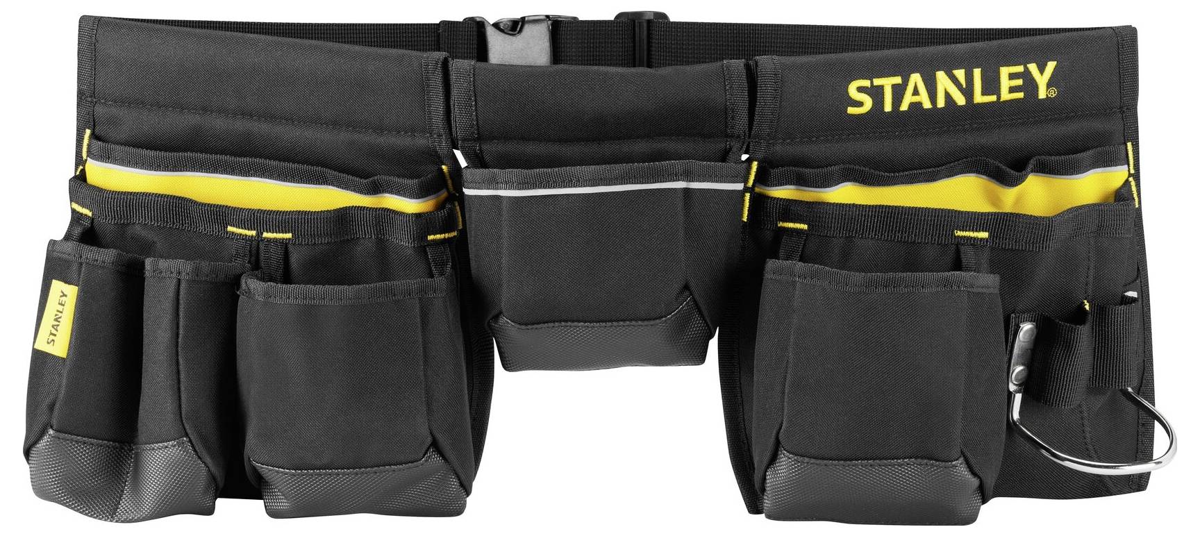 Une ceinture à outils noire avec le logo jaune 'Stanley'. Elle comprend plusieurs poches et passants pour ranger les outils.
