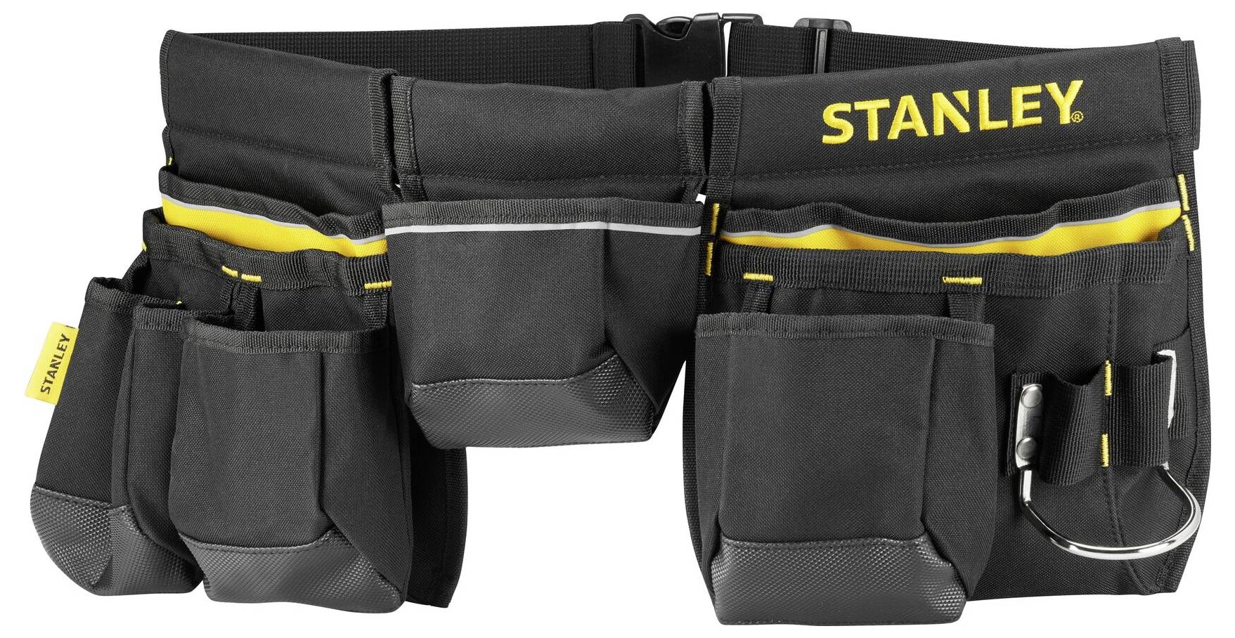 Ceinture à outils noire avec des accents jaunes et plusieurs poches, conçue pour le rangement des outils. Marque 'Stanley'.