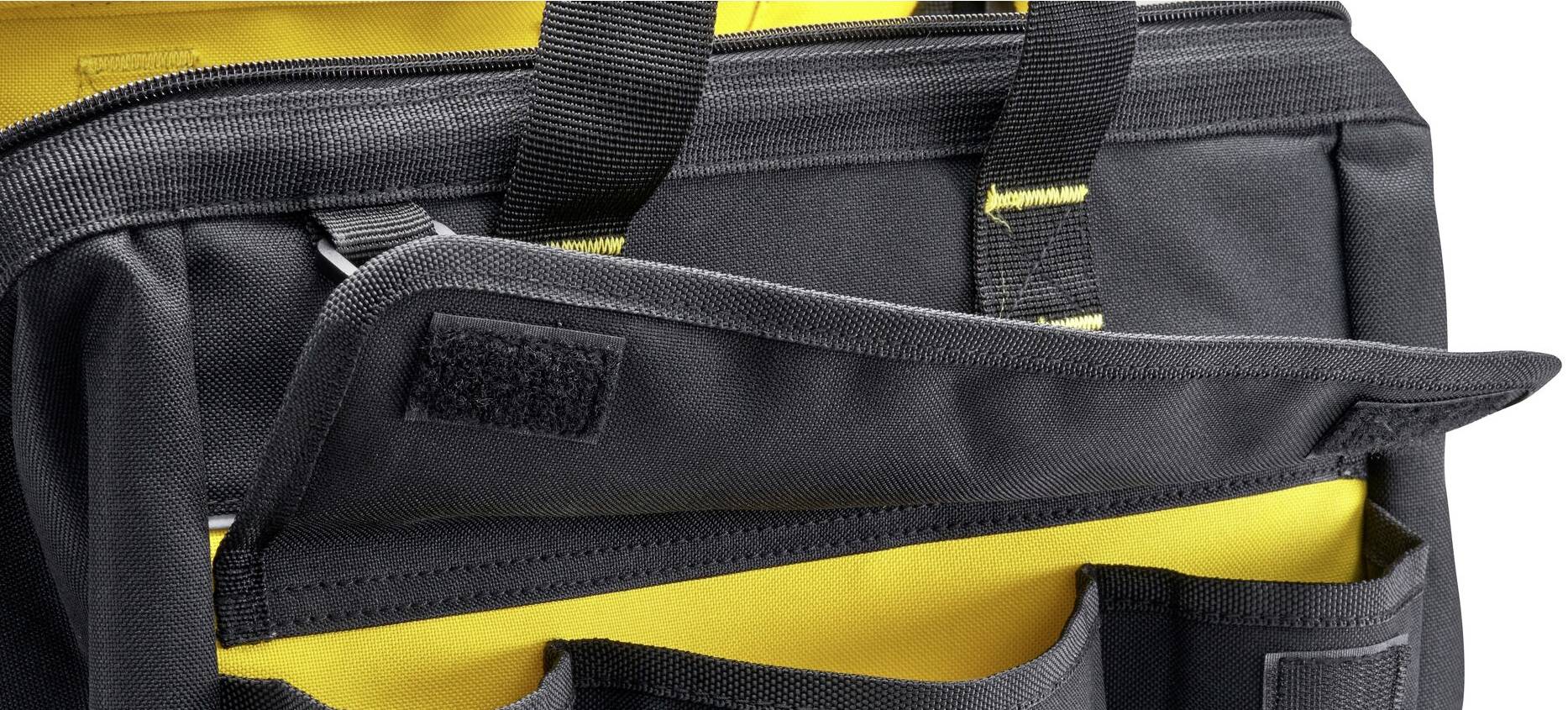 Un sac noir avec un doublure intérieure jaune et plusieurs compartiments est présenté. Le sac possède des poignées noires et des fermetures velcro.
