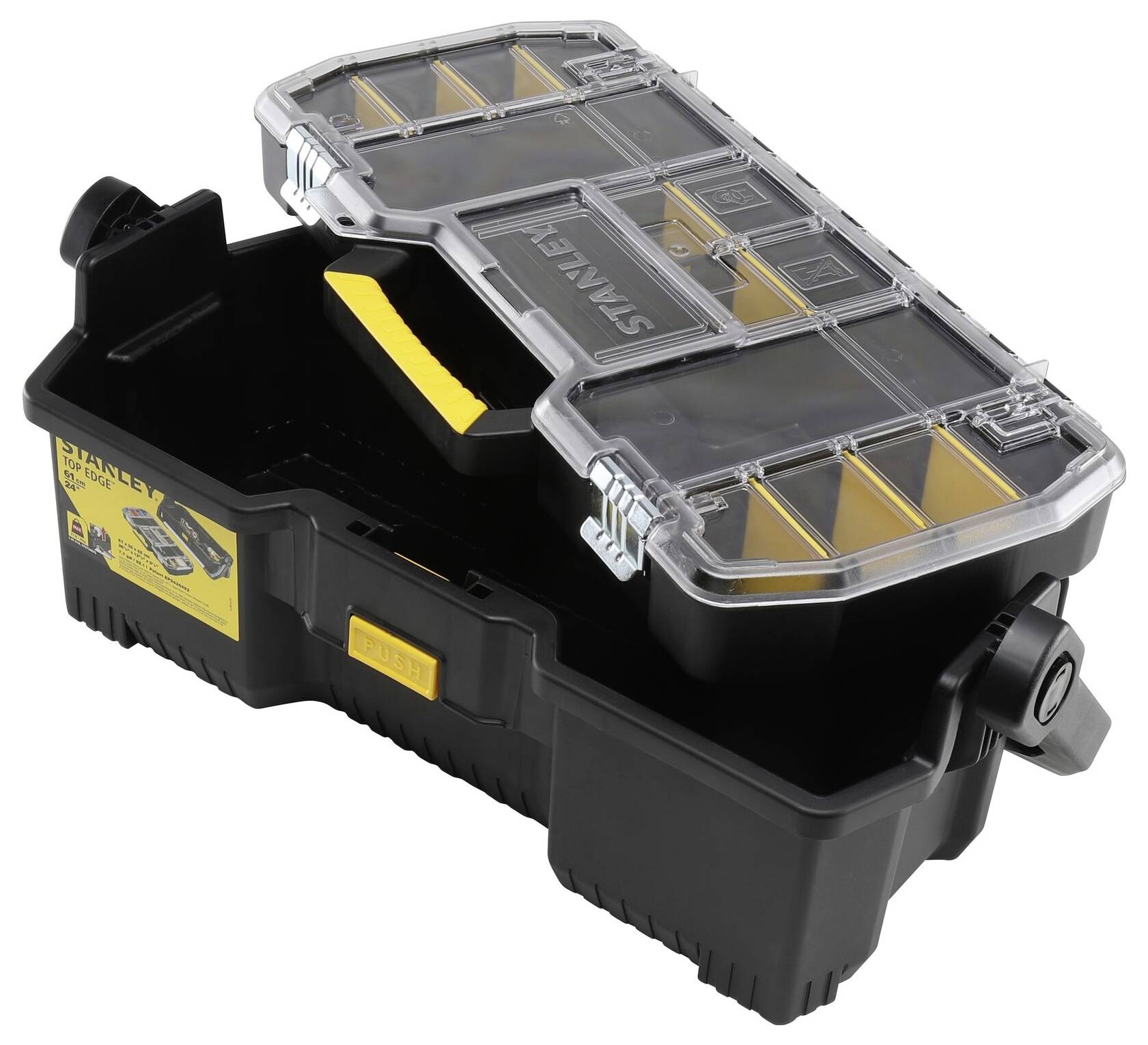 Boîte à outils noire avec couvercle transparent et poignée jaune. Comprend plusieurs compartiments pour le rangement de petites pièces.