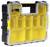 Boîte à outils jaune et noire avec couvercle transparent, portant la marque 'FatMax', présentant différents compartiments pour le rangement de petites pièces.