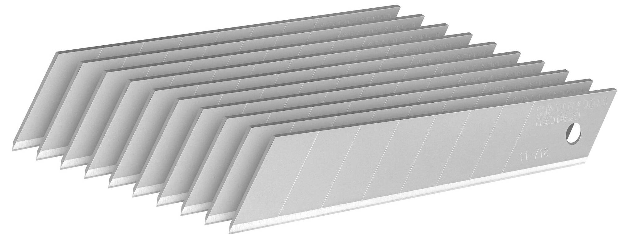 Lames d'acier argentées empilées dans un arrangement légèrement décalé, utilisées pour couteaux ou cutters.